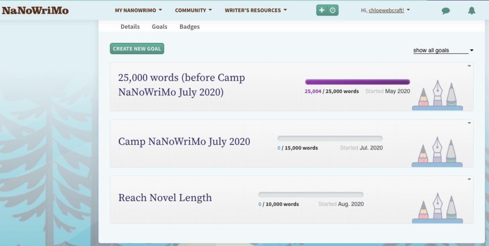 Screenshot of NaNoWriMo goals.